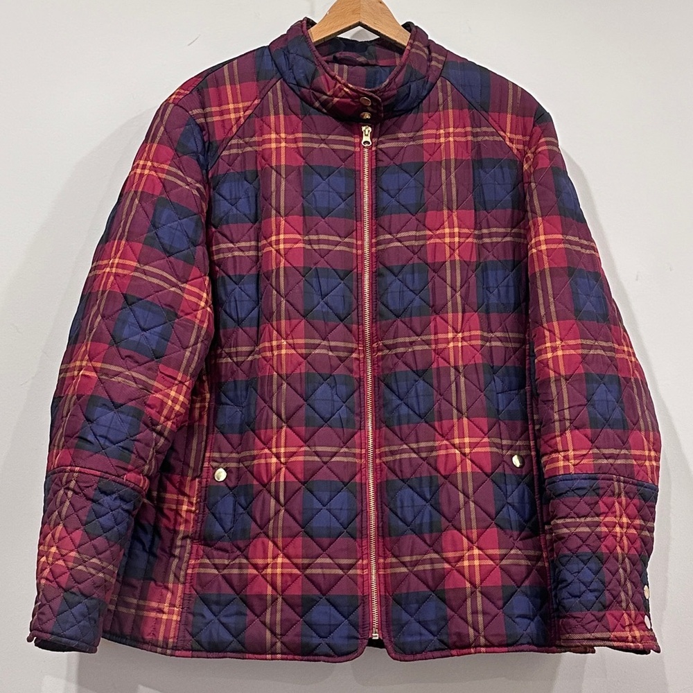 Burgundy, Blue & Yellow Plaid Quilted Jacket w Zipper Closure Mock Neck Collar - Picture 4 of 11